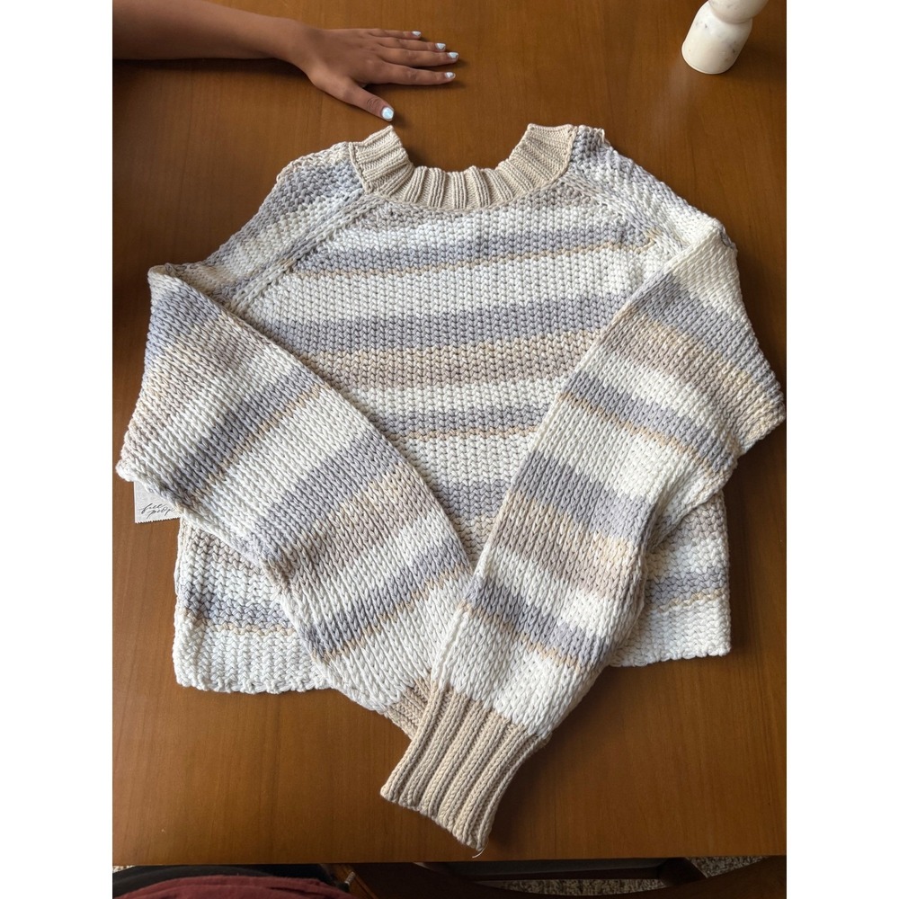 NWT Free People Devon Cropped Knit Sweater Pullover Beige Grey Oversized Cozy - Picture 3 of 7